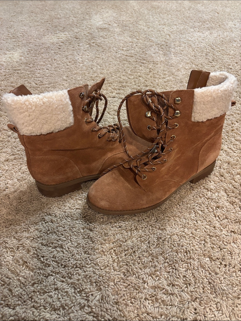Cognac Suede Lace-Up Ankle Boots with Cream Shearling Cuff